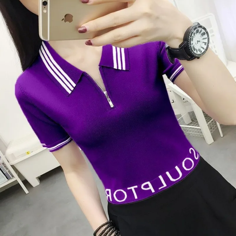 Women\'s Turn-down Collar Solid Color Summer Striped Short Sleeve Zipper Sweater Knitted Clothing T-shirt Casual Colorful Tops