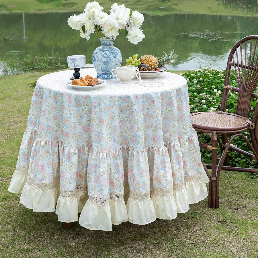 French Style Rose Tablecloth Pastoral Cotton Linen Dining Table Tablecloth Garden Table Decorative Cloth Picnic Cloth for Outing