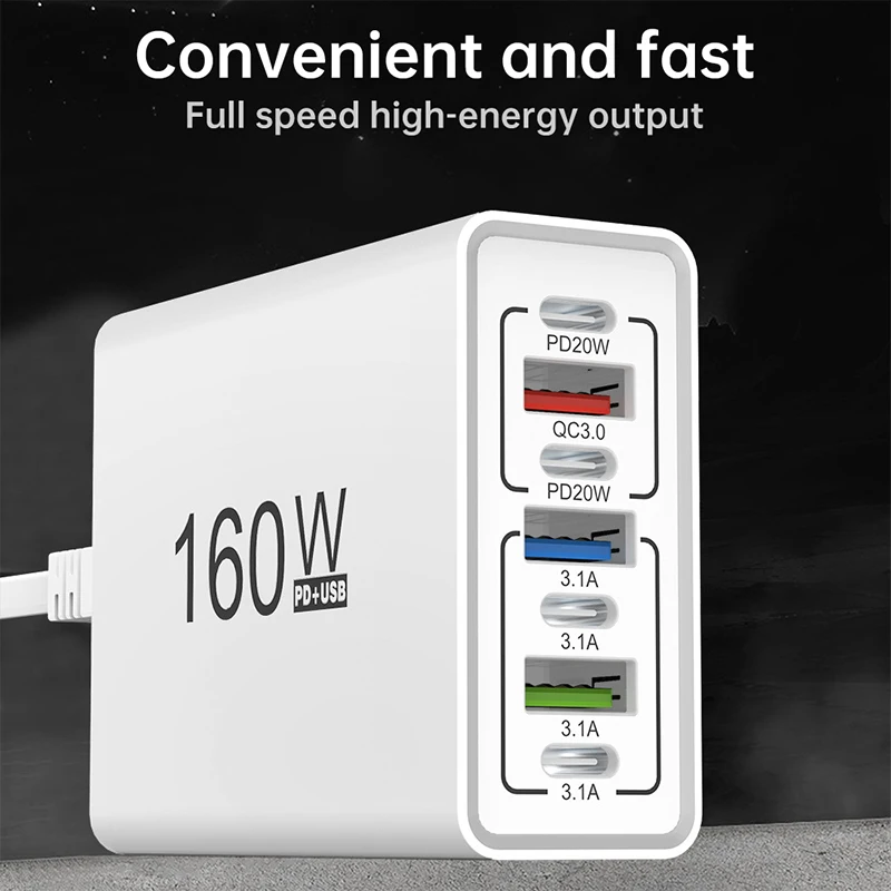 

USB C Charger Total 160W Muti 7 Ports Fast Charging PD Type C Quick Charge QC3.0 For Iphone 16 Xiaomi Mobile Phone Wall Adapter