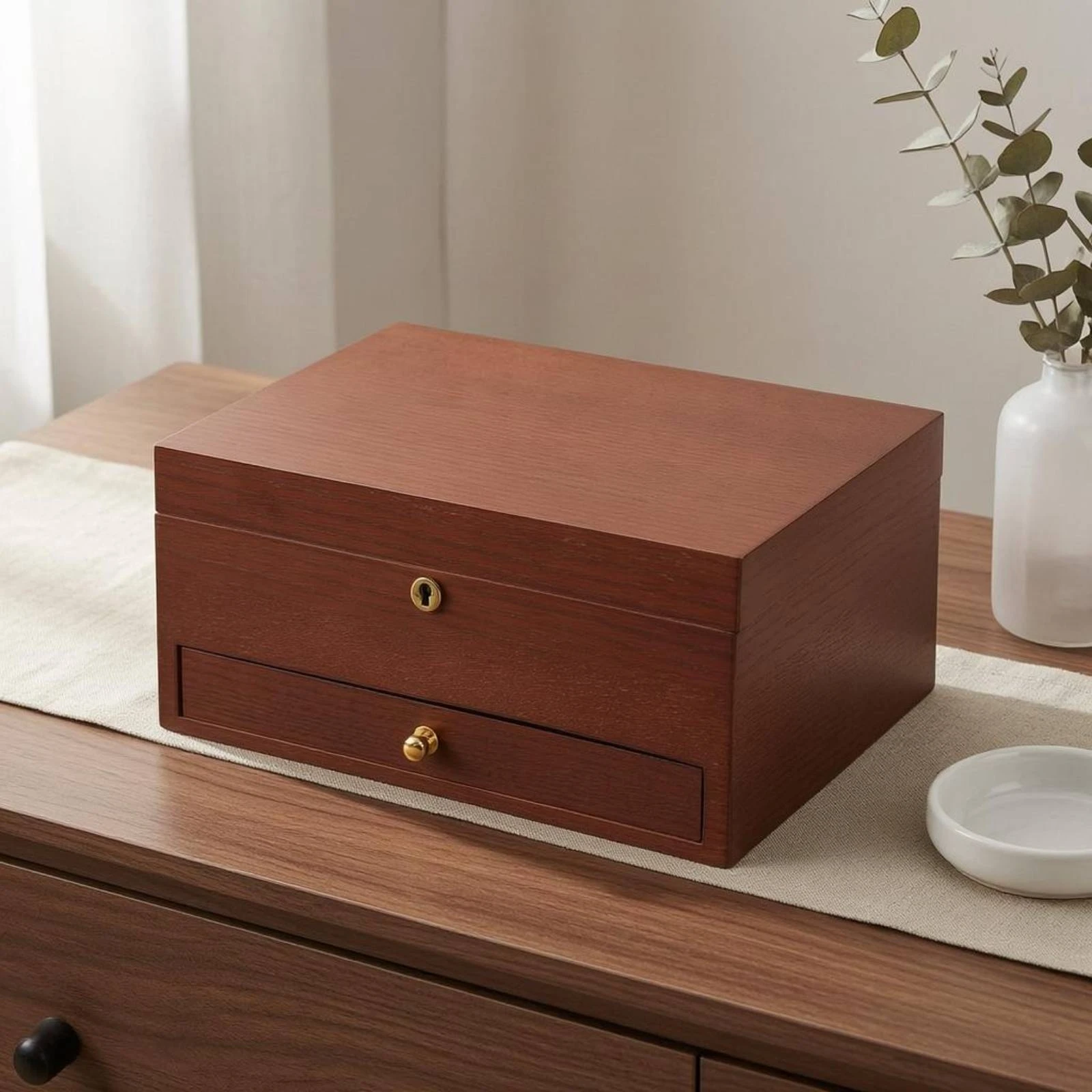 Wooden Jewelry Box Lock and Key Lockable Jewelry Box Home Storage Rectangular Solid Wood