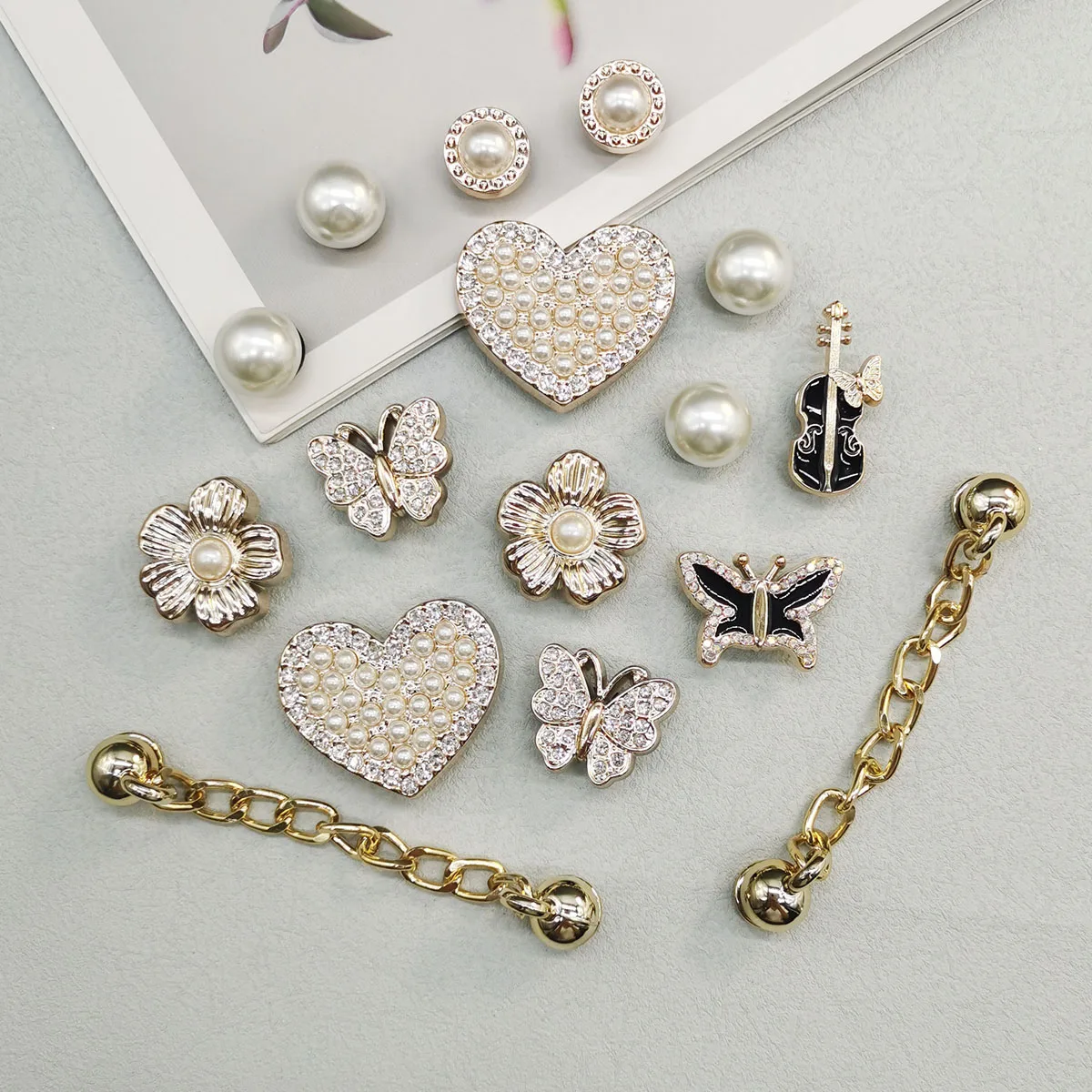 16PCS Bling Flower Violin Shoe Charms Accessories Heart Butterfly Clogs Shoe Buckles DIY Decoration Removable Chain Shoe Clips