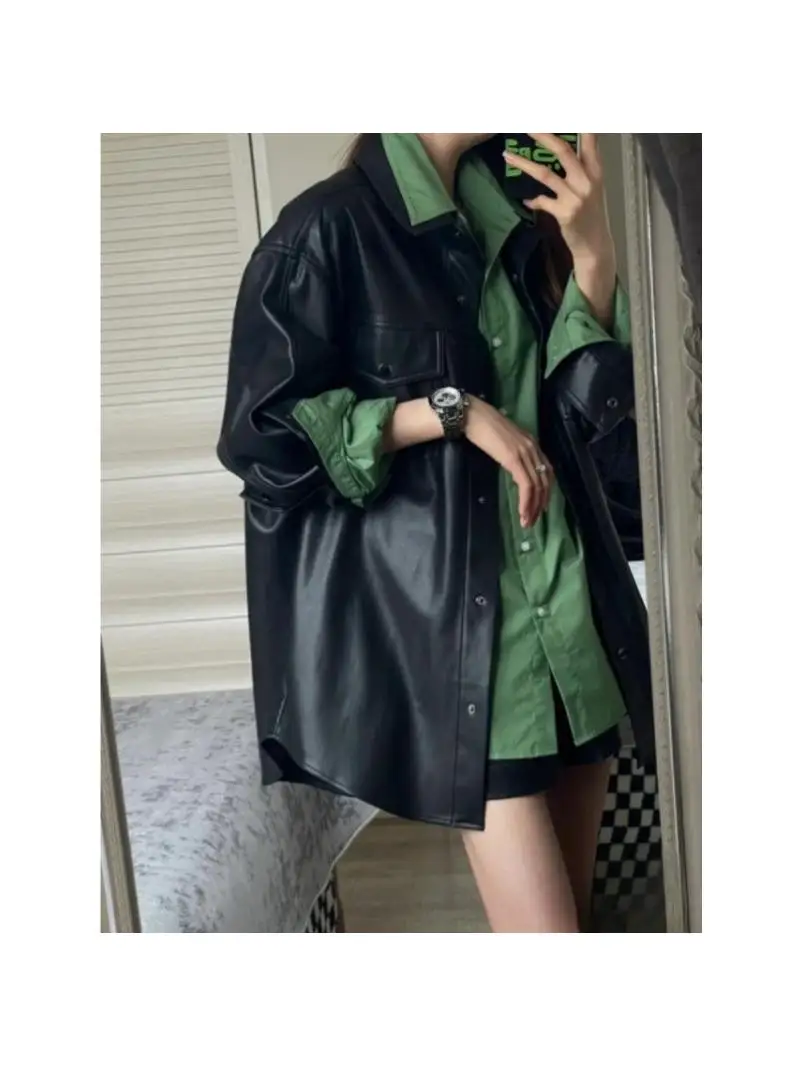 RuiDa Wczesna Jesień 2025 Nowa Luźna Damska Kurtka Casualowa z Ekoskóry PU, Elegancki Skórzany Płaszcz z Długim Rękawem i Ozdobnymi Guzikami