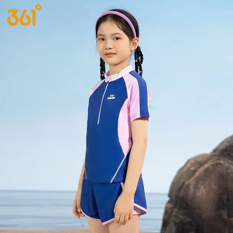 361Girl Two Pieces Sun Protection WaterProof Athletic Surfing Beach Swim Shirt+Trunks Kids UPF50+Quick-Drying Bathing Rash Guard