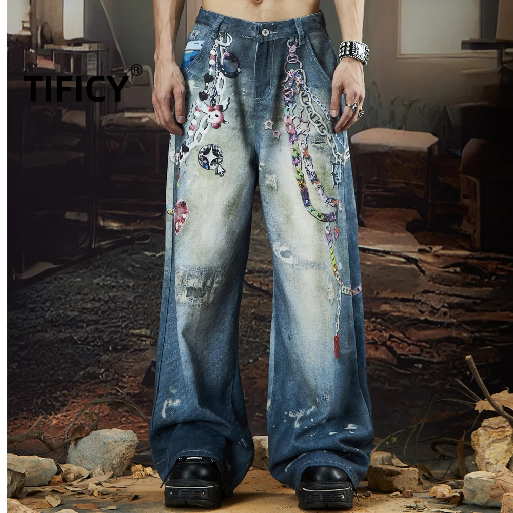 

Джинсовые брюки High Street, мужские красочные цепочки с цифровой печатью, стирка воды, чтобы сделать старые свободные прямые джинсы с принтом, летние