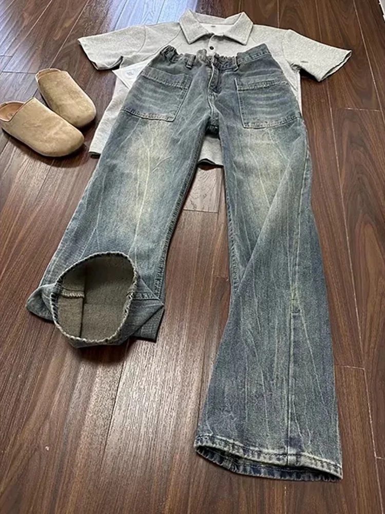 

Retro American Lightning Pattern Waed Denim Jeans Men's Autumn New Trendy Brand Loose Straight Casual Pants
