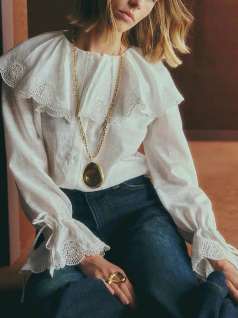 

Ladies' Shirt 2025 Embroidered Lace Hollow Lotus Leaf Edge Big Collar Horn Sleeve White Pure Cotton Shirt