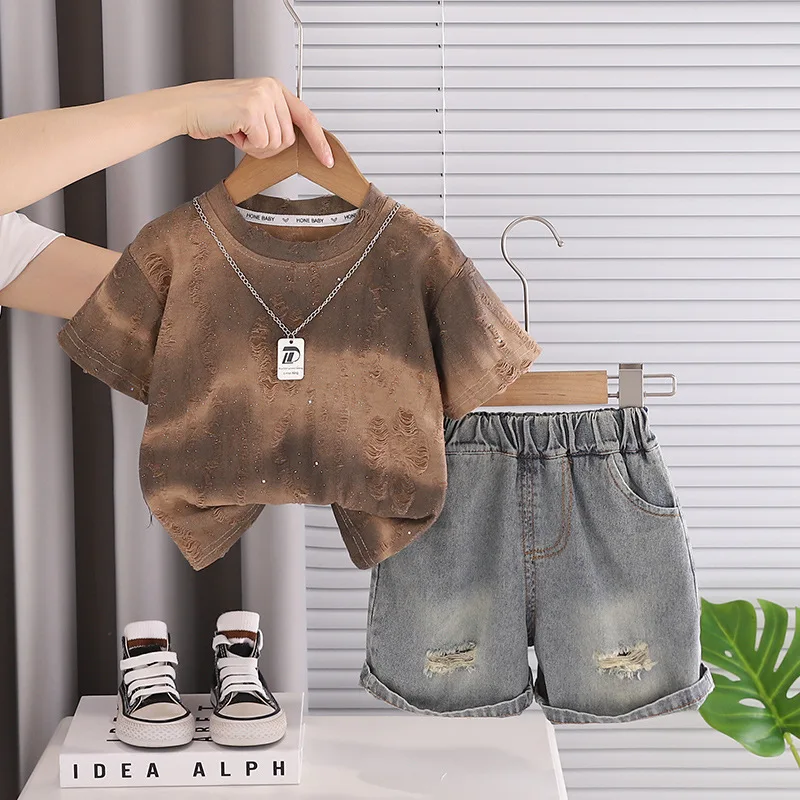 Infant Clothes Hot Sale Toddler Boys 2pcs Set Distressed Tie Dye T-shirt with Necklace + Denim Shorts Kids Streetwear Outfits