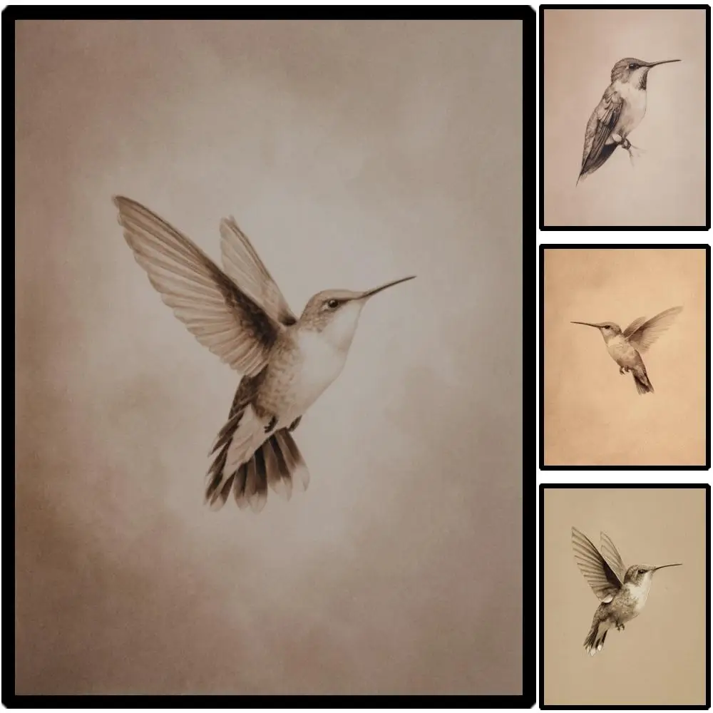 Sepia Hummingbird Canvas Prints HD Realistic Flying Bird Printed Wall Art Neutral Minimalist Painting for Living Room Bedroom