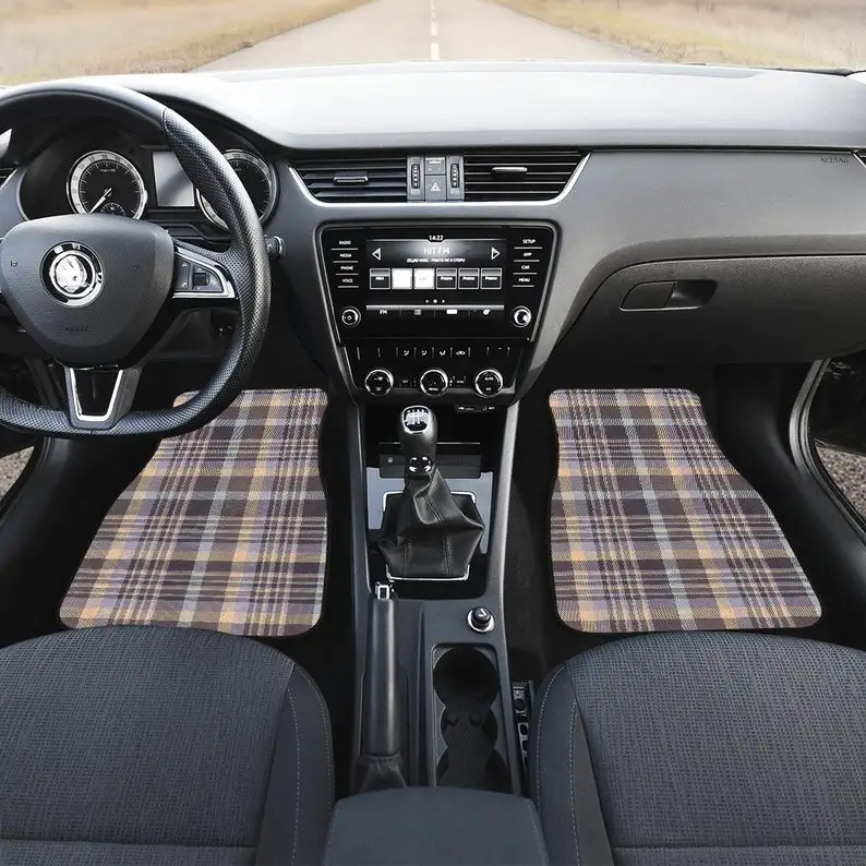 Beige Brown Plaid Car Floor Mats Set, Front and Back Floor Mats for Car, Car Accessories