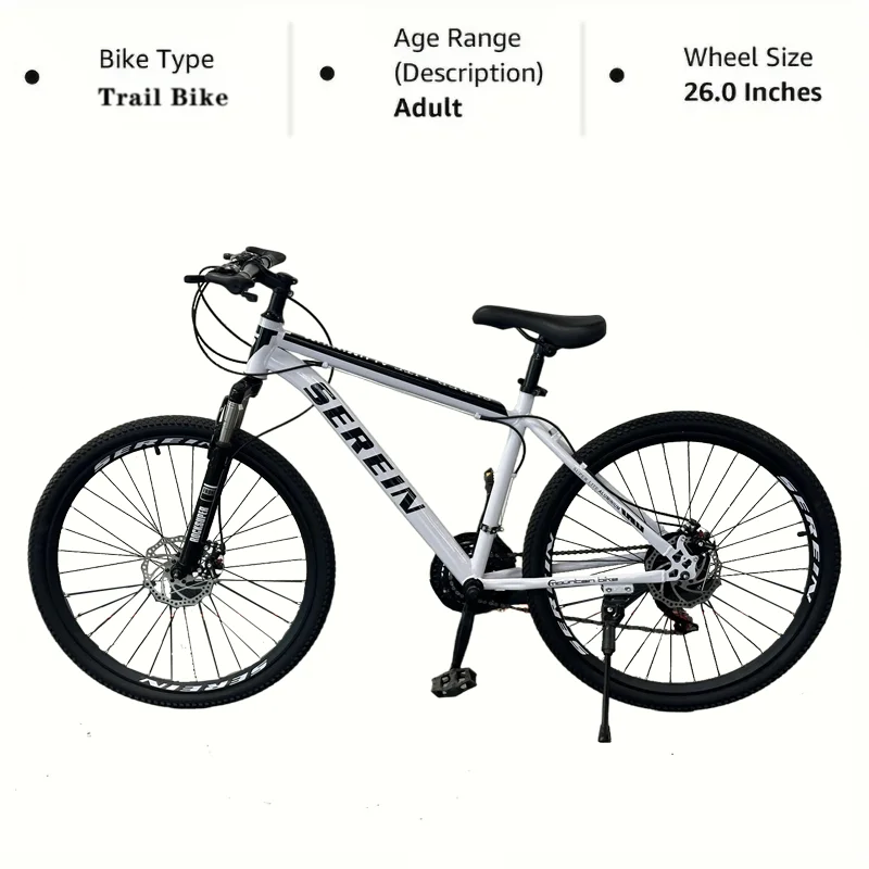 Bicicleta de 26 ", velocidad variable, asiento ajustable, transmisión por cadena, marco rígido, horquilla con resorte de aceite, frenos de disco mecánicos delanteros y traseros.