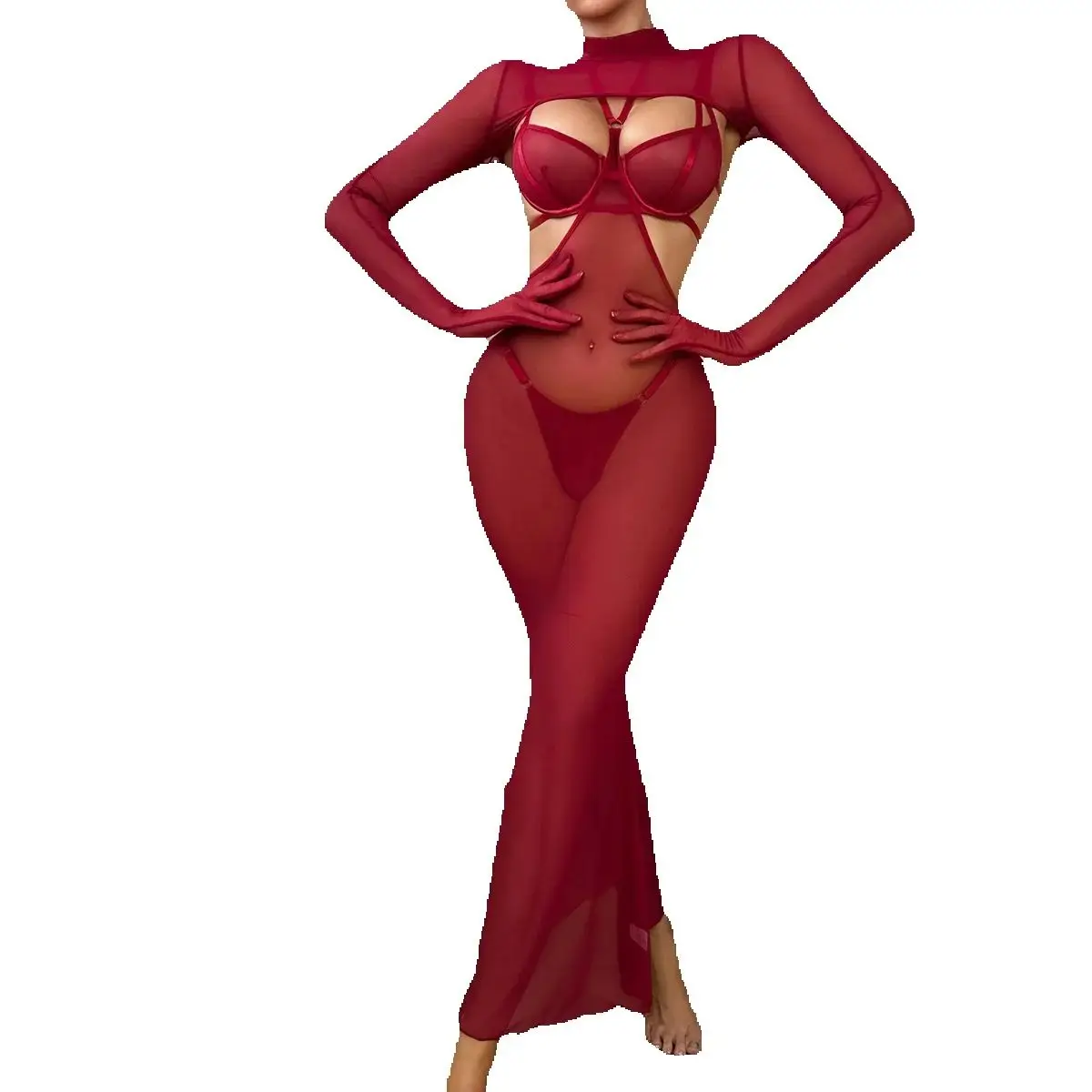 

Элегантное сексуальное женское белье Ellolace, прозрачный комплект из 4 предметов с русалкой, длинное платье с открытой спиной, перчатки, укороченный топ, комплект для вечеринки в виде вина