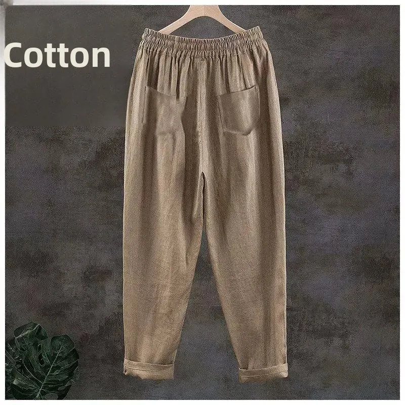 Pure Linen Breathable Elastic New Style Nine-Piece Pants Thin Cotton-Like Casual Trousers for Men Simple Color Block Design
