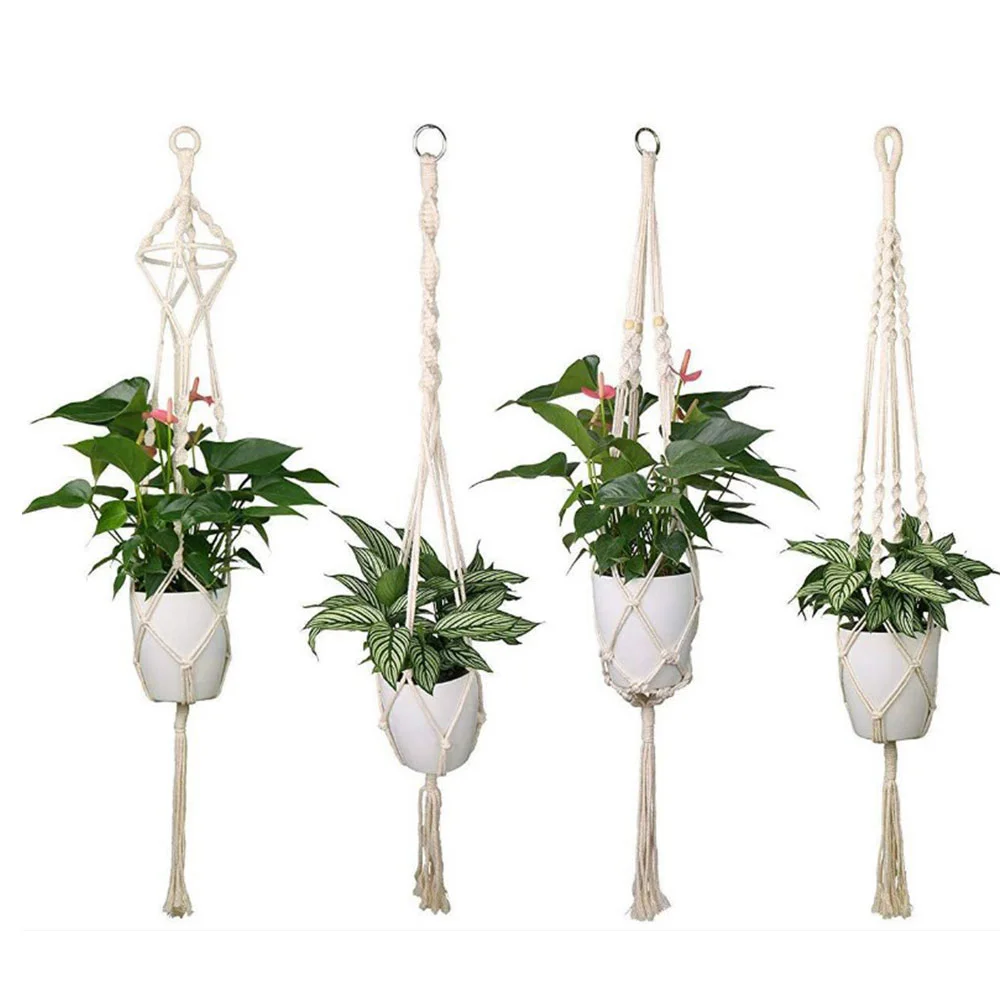 4 Pcs Macrame Planter Basket Bohomian Hangers Hanging Net Bag Outdoor Holder Rope