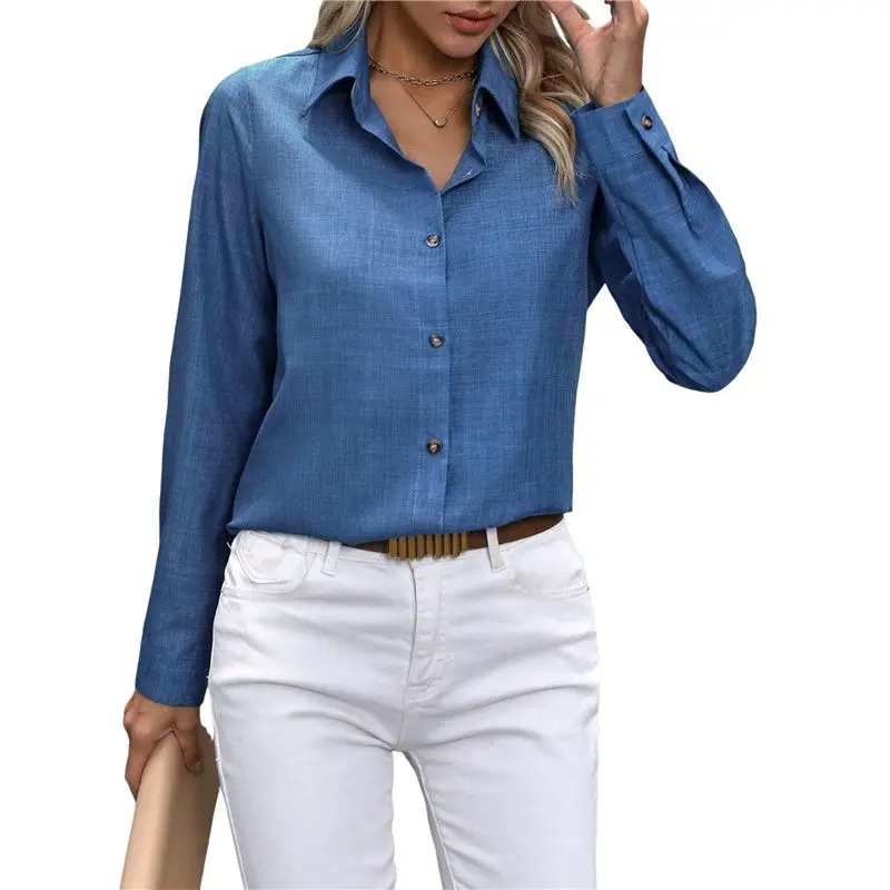 

CYL-Button Down Shirts For Women Long Sleeve Blouse Shirts Casual Solid Office Work Tunic Top Denim Blue S