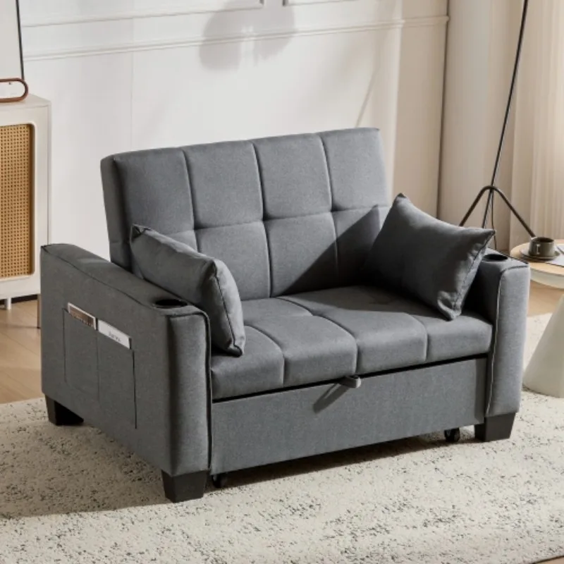2 Seater Sofa Bed with Cup Holders,Pull Out Sleeper Sofa Convertible Fabric Sofa Chair Foldable Bed Settee