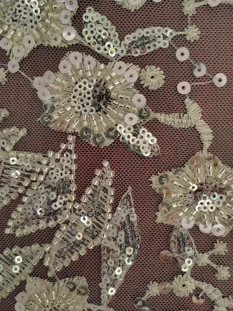 High Quality Floral Embroidered Irregular Lace White Beaded Shiny Sequins Fabric Women Wedding Lace