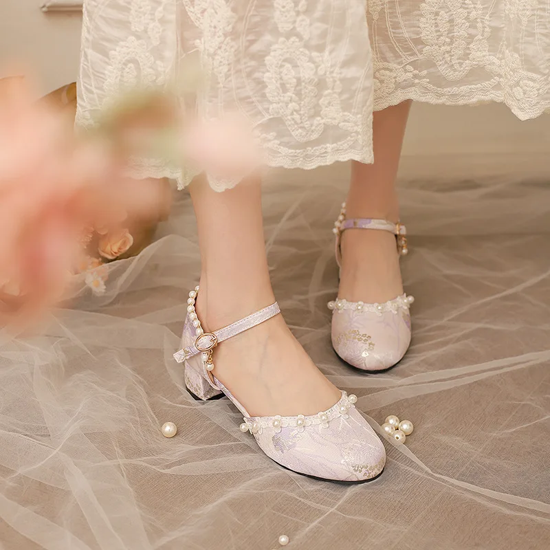 ローサンダル-レディース-レザーシューズ-2025-夏-ミドルローヒール-春-パール-ミディアム-ローマ風スライド-ヒール-ラバー-pu生地-ローサンダル