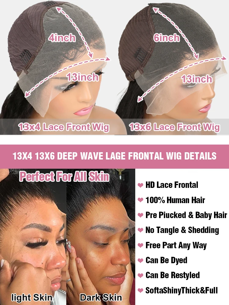 46 بوصة موجة المياه مجعد الدانتيل الجبهة الباروكات 13x4 13x6 HD موجة عميقة الدانتيل الباروكة الأمامية شعر الإنسان قبل قطعها شعري للنساء 250%