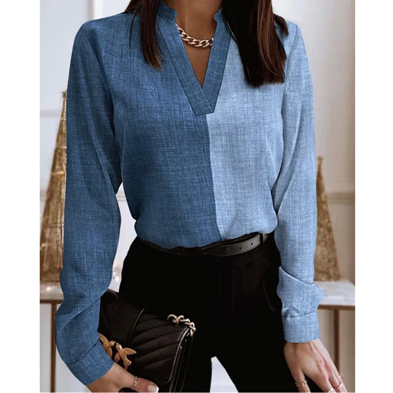 Autumn Winter New V-neck Long Sleeved Lace Shirt Women\'s Work Shirt Fashion Street Personality Shirt Lady Solid Color Blouse