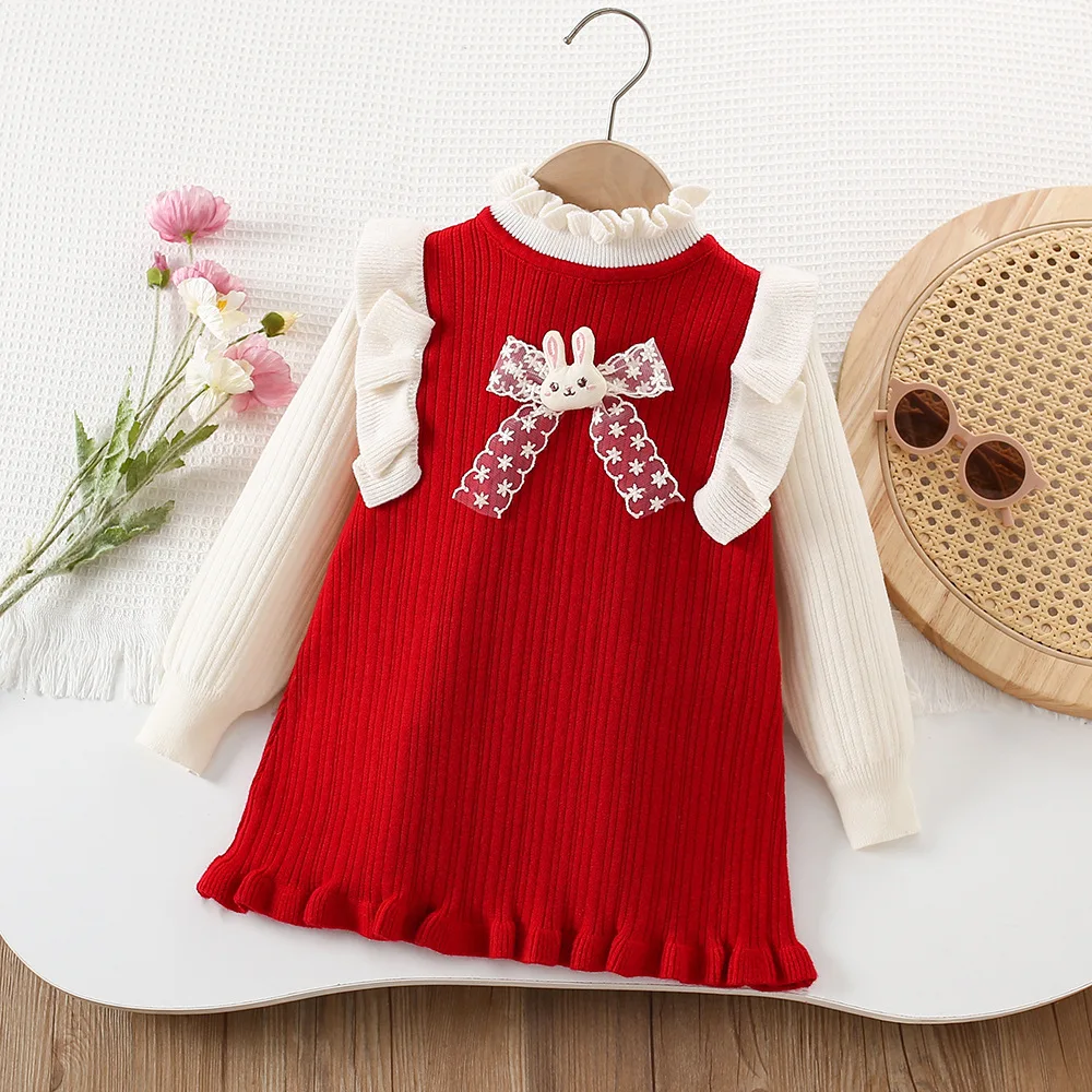 Autumn Winter Girl Dress Knit Baby Toddler Girls Clothes Turtleneck Sweater Dresses Cartoon Cute Rabbit Kids Children Outfit