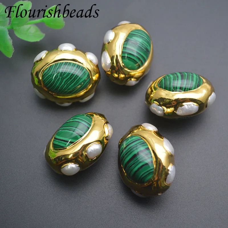 5pcs/lot Oval Synthetic Malachite Pearls Gold Plated Loose Beads for DIY Fashion Necklace Jewelry Making