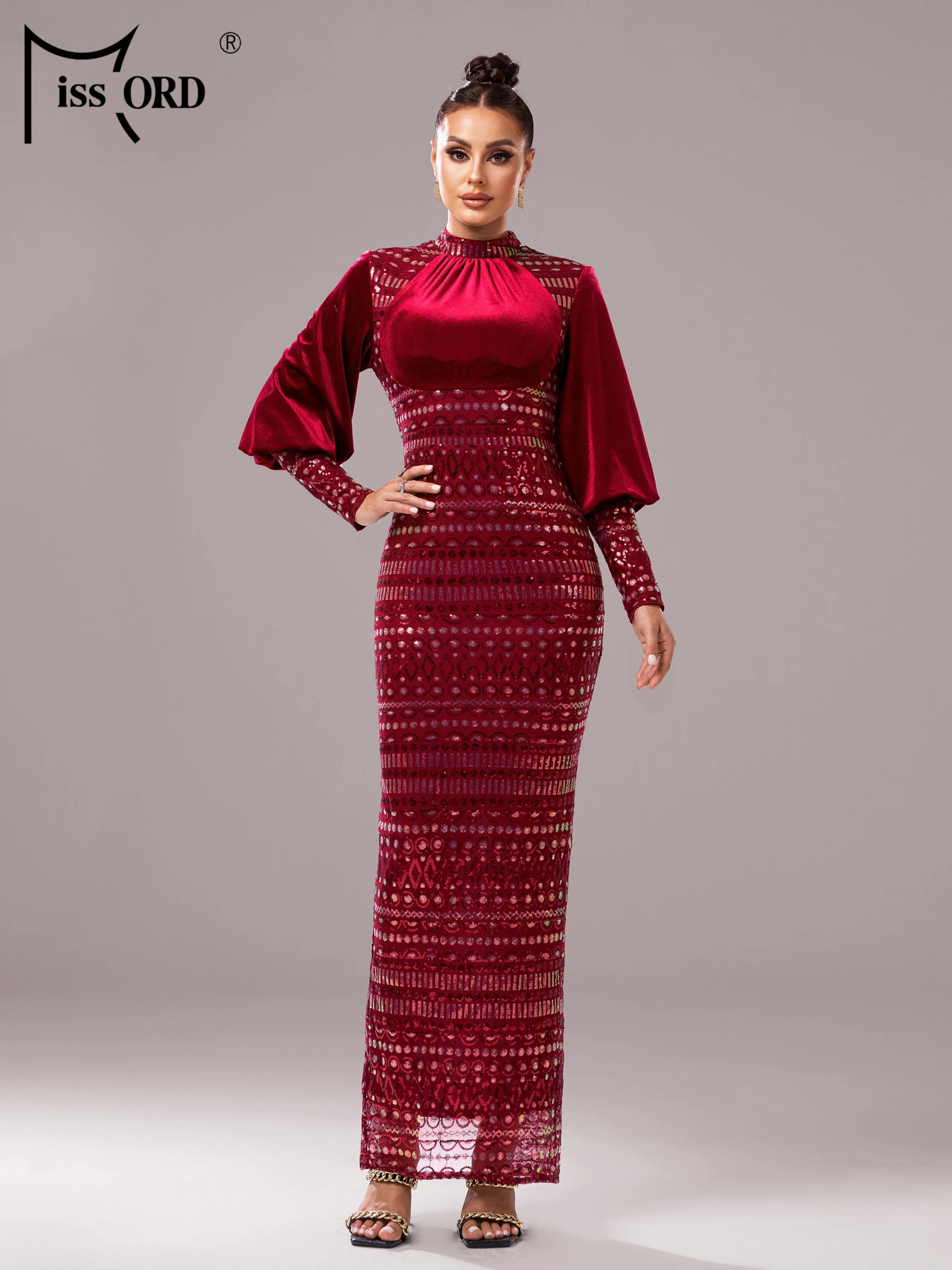 Missord Round Neck Lantern Sleeves Panel Wedding Birthday Sequin Party Mermaid Evening Formal Occasion Elegant Beautiful Dress