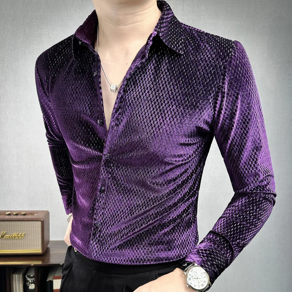 Velvet Shirt Men Nightclub Long Sleeve Trendy Shirt  2025 Fall Winter Streetwear Tuxedo Shirt For Men Clothes Camisa Masculina