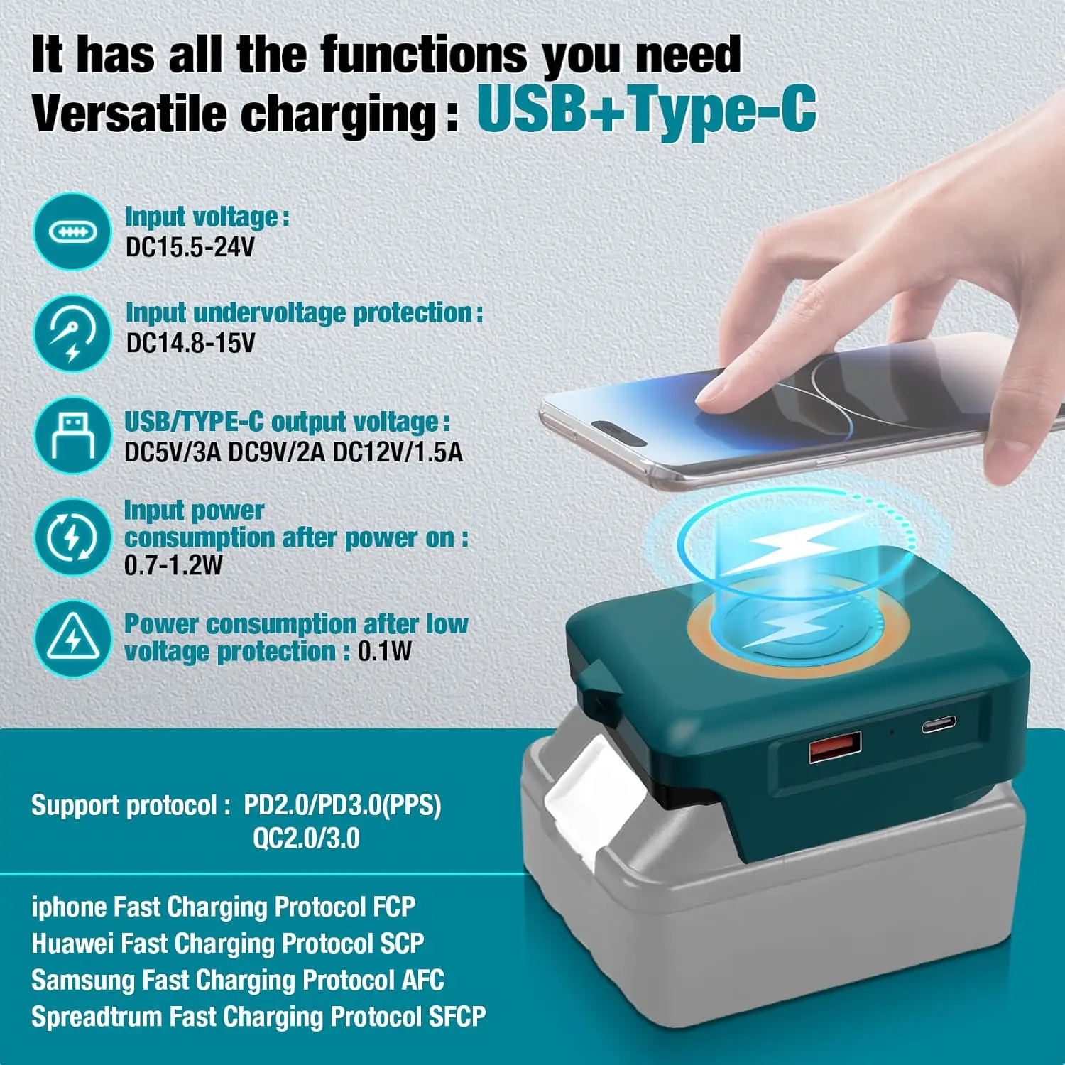 

Wireless Phone Charger For Makita/Dewalt/Milwaukee 18V Li-ion Battery Phone Charger with USB Port and TYPE C Port