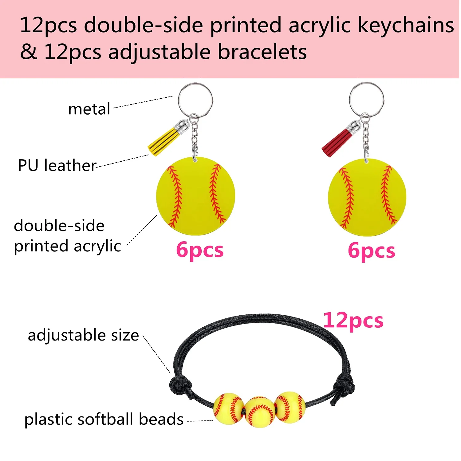 12 Pcs Softball Acrylic Keychains and 12 Pcs Softball Bracelets for Sportsmen Team School Souvenir Party, Baseball Gift