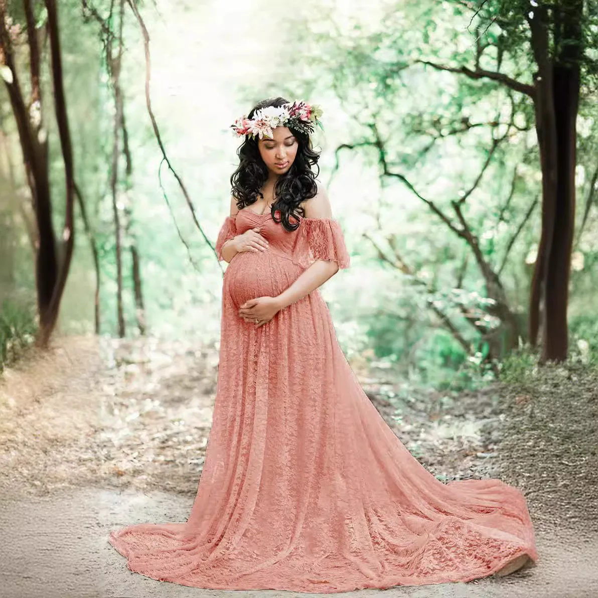 European & American Pregnancy Women's Lace Maternity Short-Sleeve Maxi Dress Train & Flutter Sleeves for Photoshoots Photography