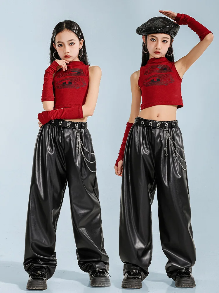 Girls Hip Hop  Dance Costume Summer Red Vest Black Leather Pants Kpop Performance Clothes Concert Kids Street Dance Wear BL15347