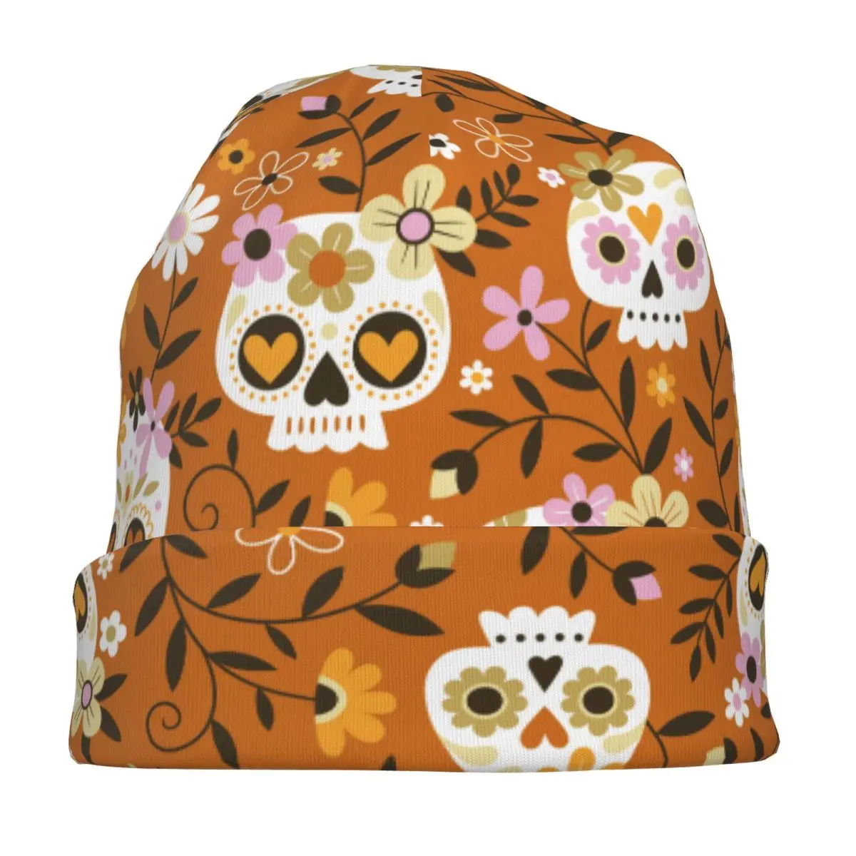 Hand Drawn Cute Sugar Skulls Flowers Bonnet Hats Autumn Winter Street Skullies Beanies Hats Halloween Skull Head Wrap Cap