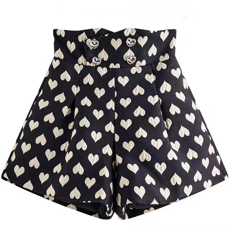 Damen Schwarze Gothic Shorts Y2k Herz Jacquard Hohe Taille Kurze Hosen Harajuku Ästhetische Vintage Shorts Emo 2000er Jahre Kleidung Sommer