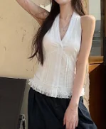 Women's Halter V Neck Sleeveless Blouse, Ruffle Hem Button Front Slim Fit White Tank Top