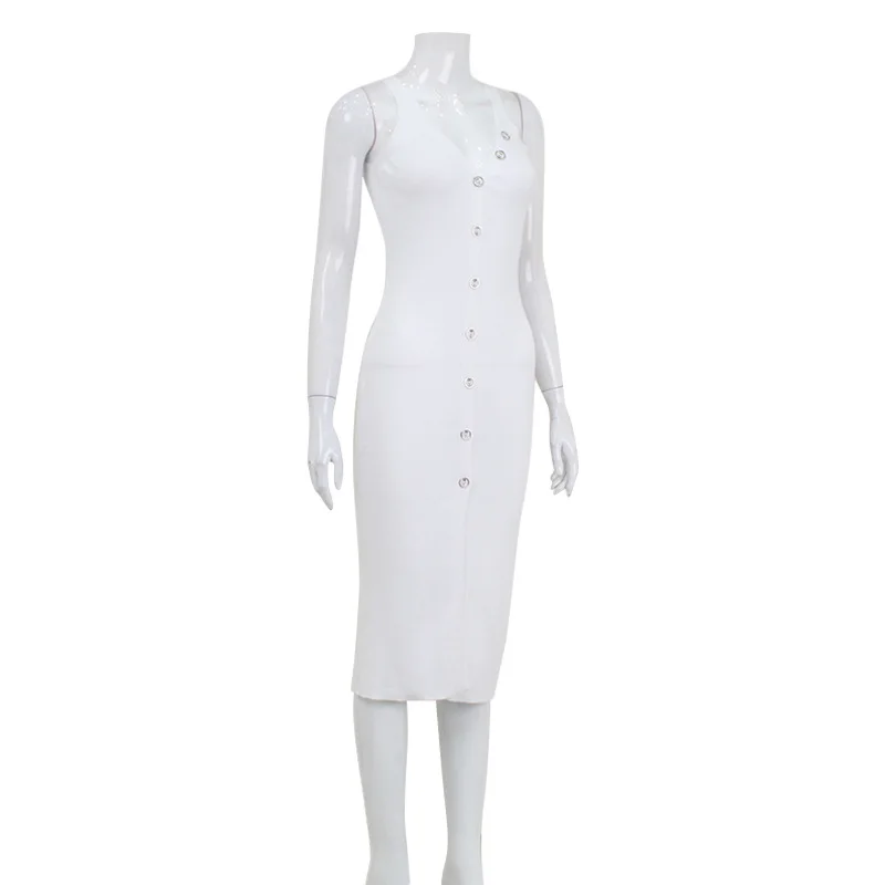 DSMTRC Sexy escote en V profundo hendidura ceñido al cuerpo vestidos de tubo verano elegante Vestido blanco de un solo pecho para mujeres Vestido de noche Vintage