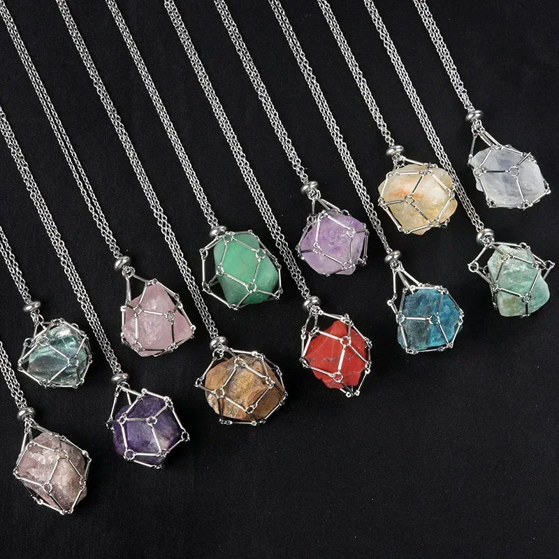 6pcs Designer Crystal Cage Holder Net Metal Chain Raw Stone Necklace Collecting Holder Adjustable Pendant Necklace Jewelry