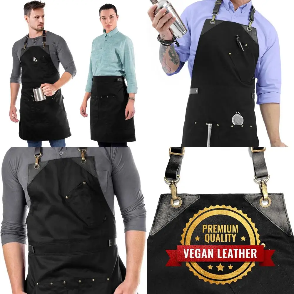 

NY Sky Professional Black Twill Bistro Apron with Leather Straps, Riveted Pockets, and Reinforcement for Chefs and Bartenders