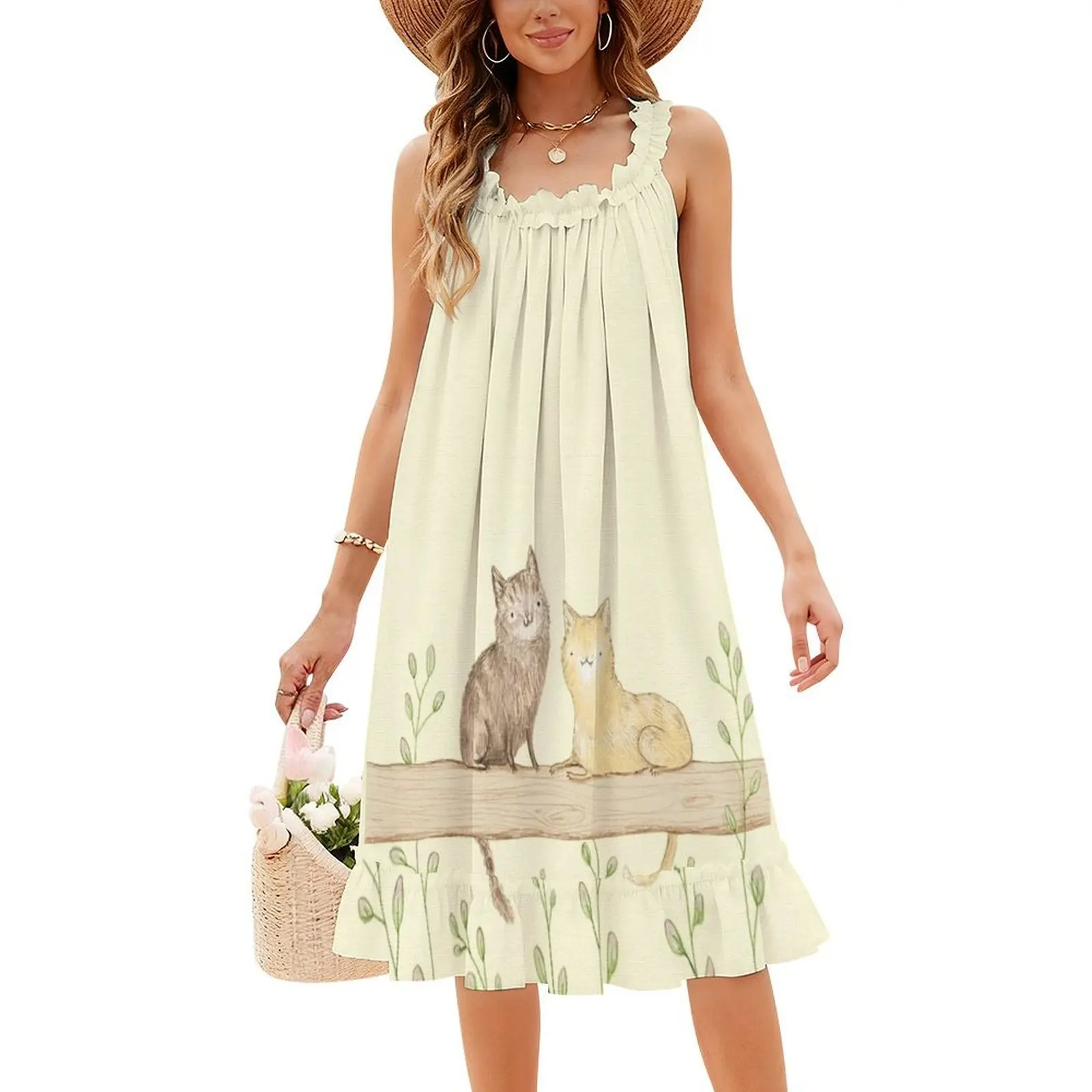 القطط على السياج المرأة الهيب هوب الشارع الشهير فستان الجرافيك طباعة ملابس للنادي القطط سياج على السياج لطيف البسيط المرأة