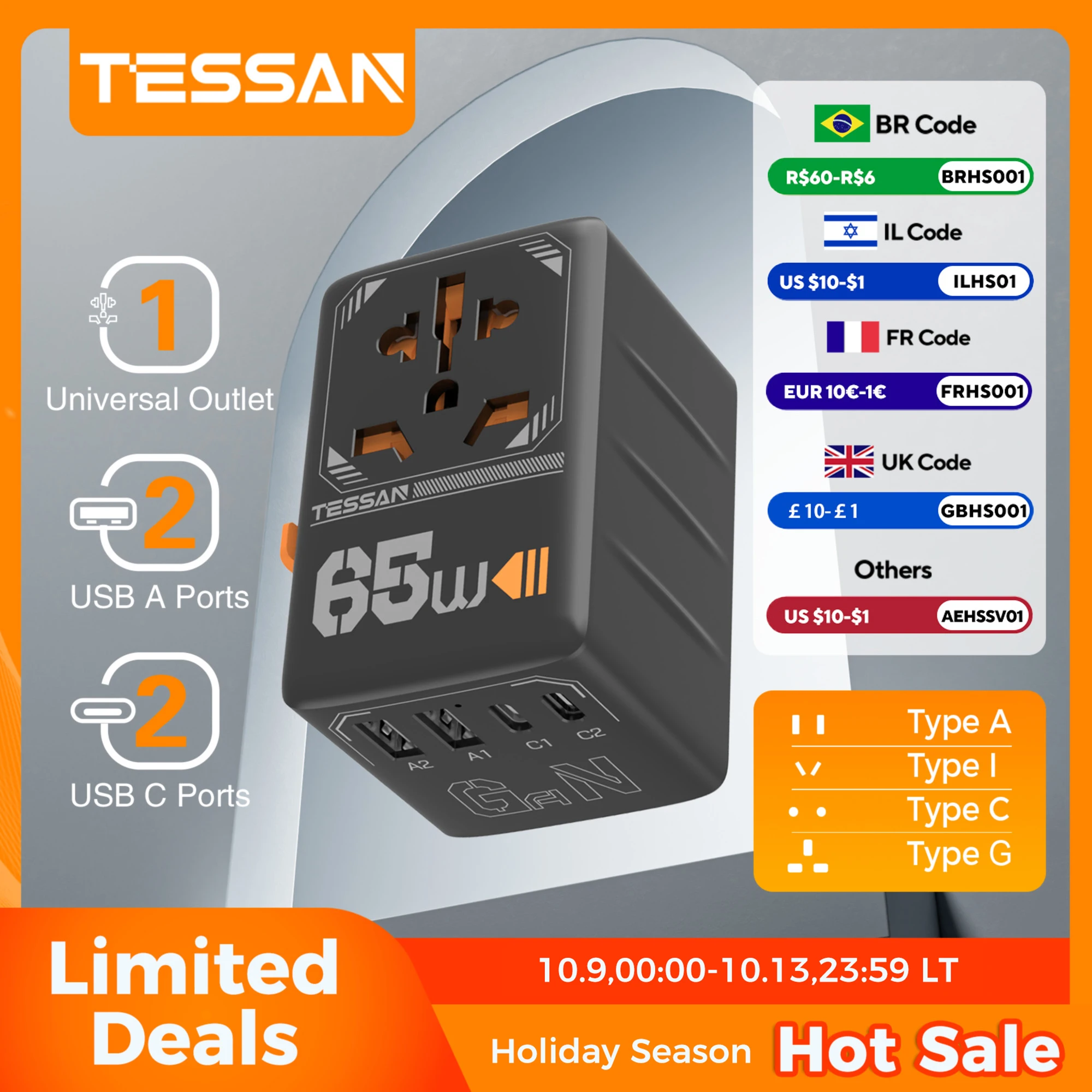 TESSAN 65W GaN International Plug Travel Adapter with USB Type C Worldwide Universal Power Adapter EU/UK/USA/AUS Plug for Travel