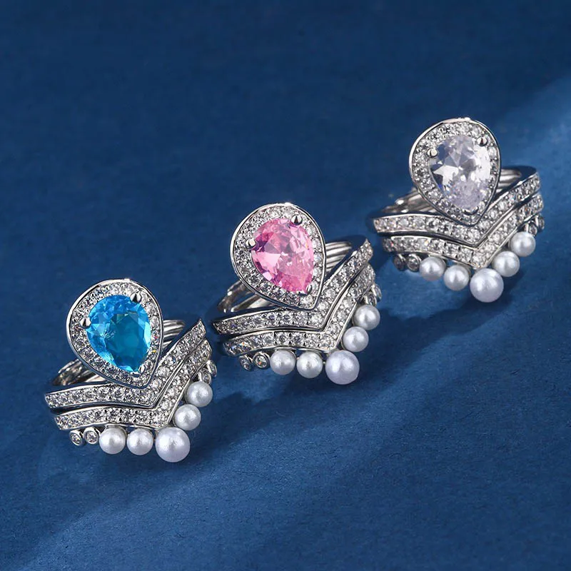 

Fashion Double Layer V Shaped Wedding Ring Set for Women Dazzling Colorful Zircon Inlay Imitation Pearl Silver Color Open Rings