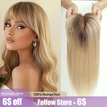 Blonde Echthaar Topper mit Pony dunkle Wurzel gerade remy Echthaar Seide Basis Topper Clip in Haar verlängerungen für Frauen täglich