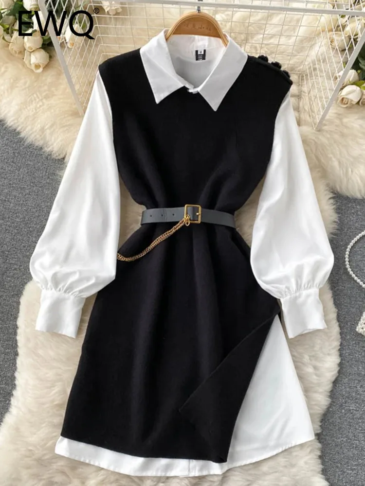 

EWQ Women Knitted Vest Shirt Dress New Turn-down Collar Long Sleeve Fashion Two Piece Suit Spring Winter 2023 11D6115