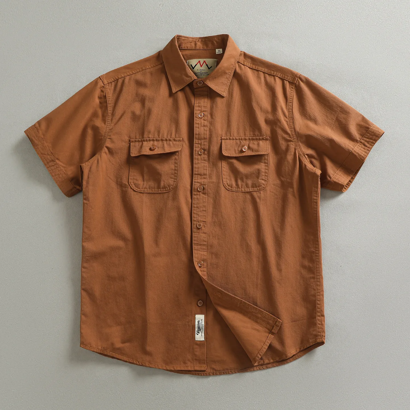 100% cotton woven fabric washed retro short-sleeved shirt men's simple pocket trendy work shirt