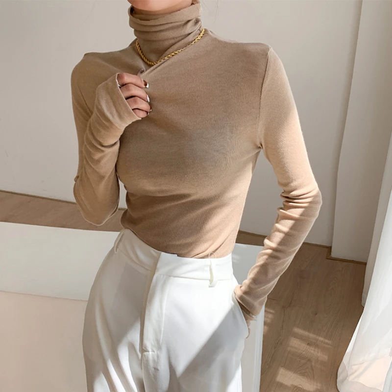 Turtleneck Long Sleeve Women T-shirts 2022 Autumn Winter Basic Base Shirt Woman Casual Slim Tee Shirts Female Tops