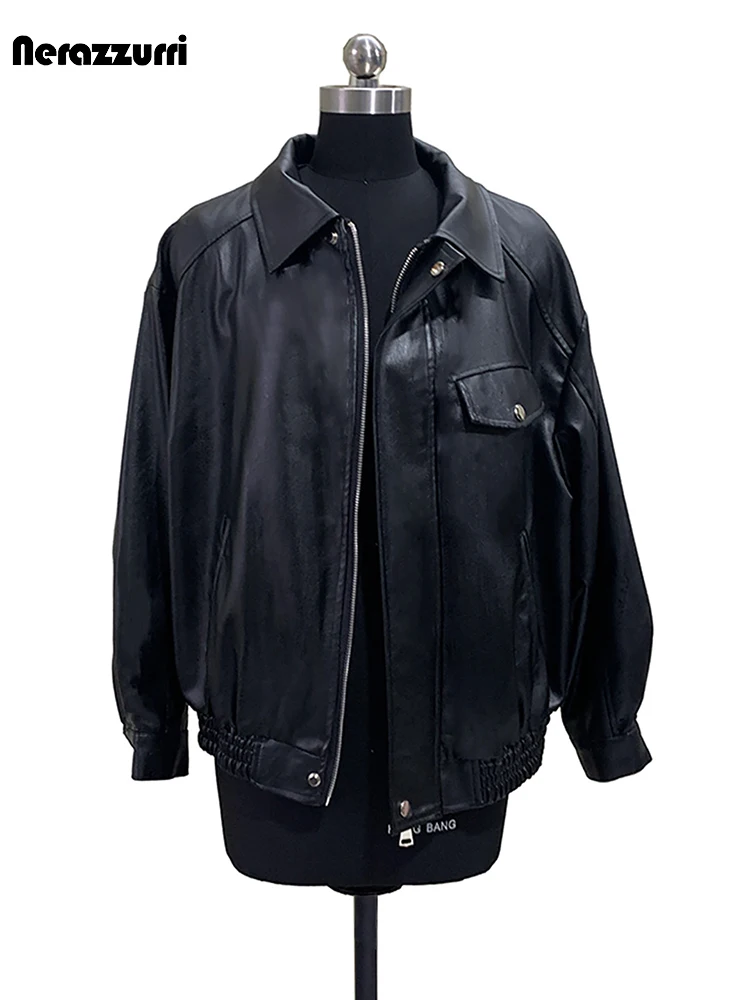 Nerazzurri Spring Autumn Short Black Soft Pu Leather Jacket Women Elastic Waist Zipper Casual Loose American Vintage Clothes
