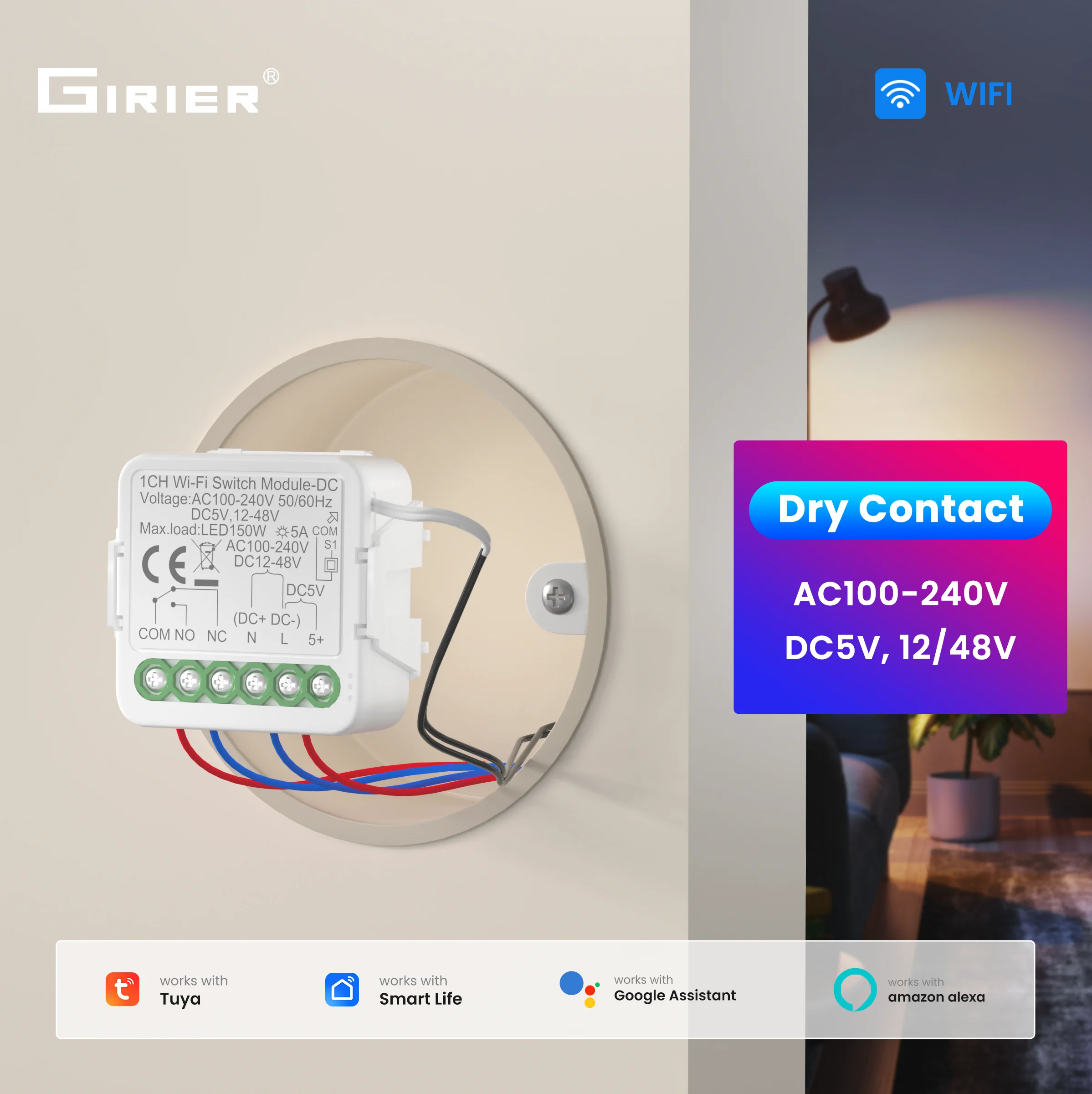 

Модуль умного сухого контакта GIRIER Tuya Smart с Wi-Fi, реле-выключатель DIY, поддержка входа/выхода DC5V/12-48V AC100-240V, работает с Alexa