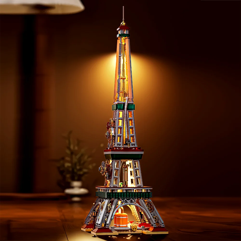 Mechanical Steampunk Style Tower Building Blocks Assembly Model with LED Light Architectural Puzzle Toy Gift
