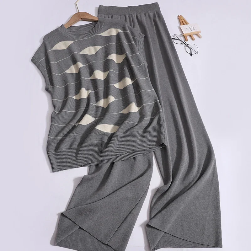 Women Summer Casual Loose Knit Two-piece Set Contrast Color Striped Split Tops and Solid High Waist Wide Leg Pants Office Outfit