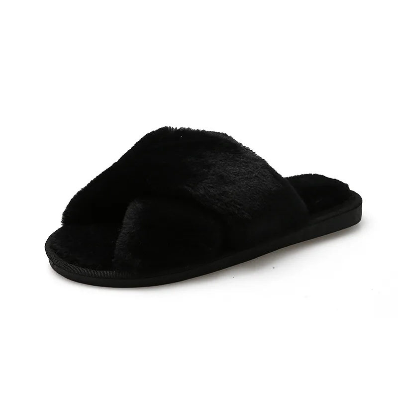 House Slippers Winter Women Faux Fur Fashion Warm Shoes Woman Slip on Flats Female Slides Black Pink cozy home furry slippers