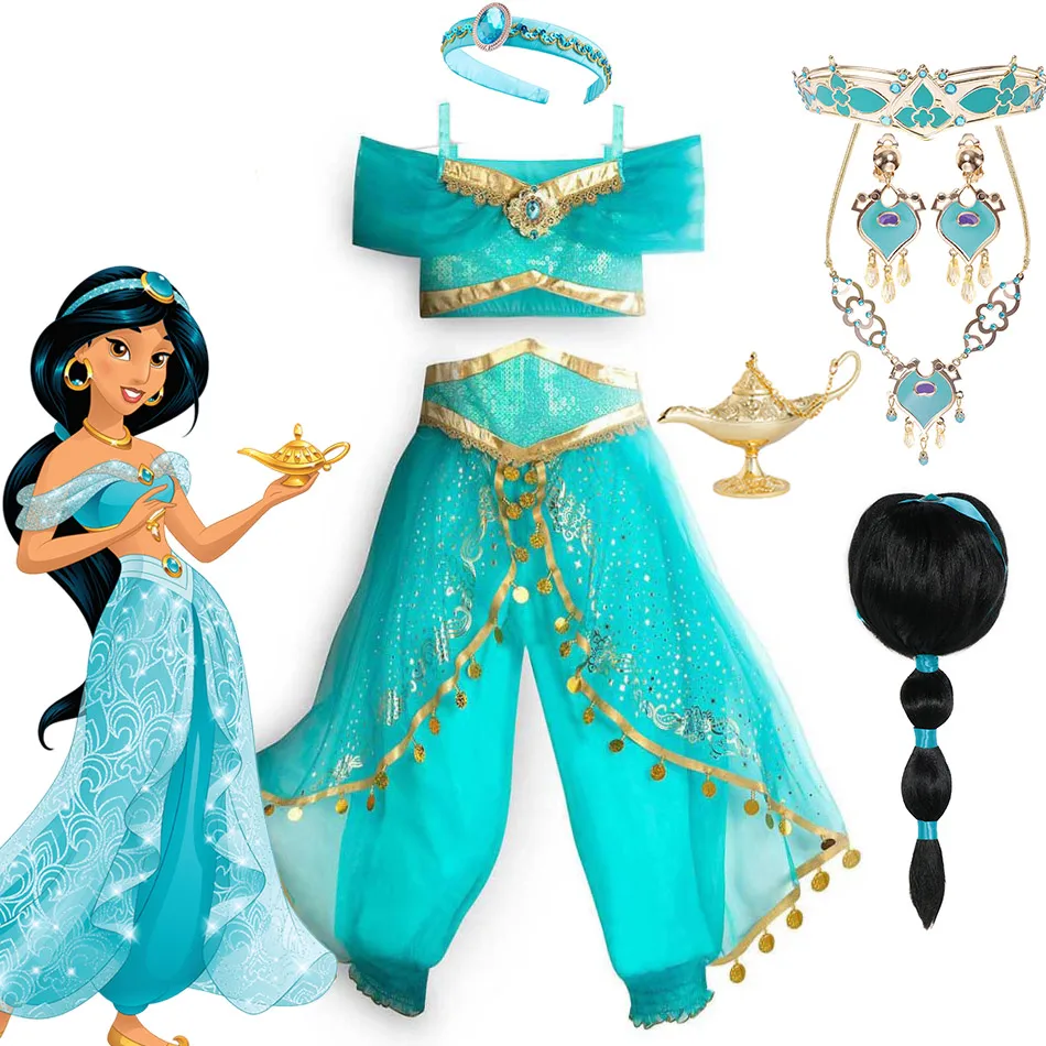 Disney Classic Princess Jasmine Costume for Girls Halloween Carnival Aladdin Cosplay Jasmine Party Clothing Kid Purim Dress Up